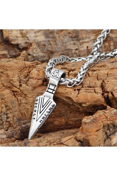 Viking Antiqued Valknut Symbol & Runic Symbol Arrowhead Design 316l Men's Steel Necklace