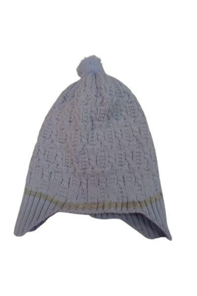 Recos Unusex Blue Gray Striped Furry Beanie with Pompom Ears