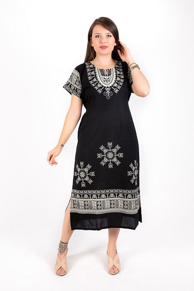 ÇIKRIKÇI TEKSTİL ŞİLE BEZİ Viscose Black Print Stone Print Short Sleeve Dress Cotton Summer
