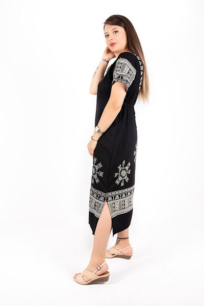 ÇIKRIKÇI TEKSTİL ŞİLE BEZİ Viscose Black Print Stone Print Short Sleeve Dress Cotton Summer