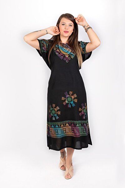 ÇIKRIKÇI TEKSTİL ŞİLE BEZİ Viskon Renkli Baskı Taş Baskı Kısa Kol Elbise Pamuklu Yazlık