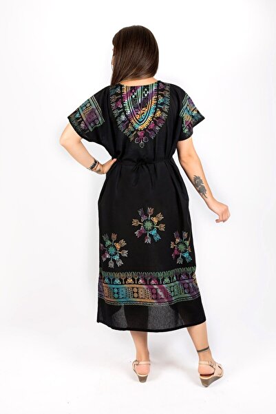 ÇIKRIKÇI TEKSTİL ŞİLE BEZİ Viskon Renkli Baskı Taş Baskı Kısa Kol Elbise Pamuklu Yazlık