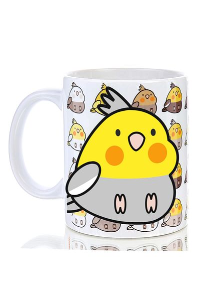 Kuşarkadaşım Cockatiel Cup Patterned Bird Mug on the Back Gift Yellow-Light Gray