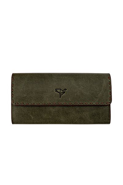 Garbalia Pavia Vintage Leather Saddler Stitched Green Portfolio Women's Wallet