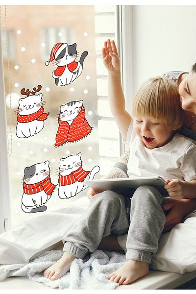 Sim Tasarım Christmas Cats Christmas New Year - Decoration Glass Wall Sticker
