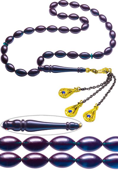 Tesbih Atölyesi Outside Black Inside Blue Color Solid Cut Fire Amber Prayer Beads