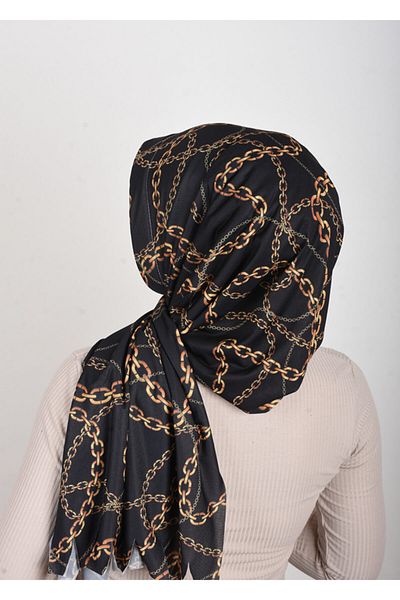 OykumBone Black Chain Patterned Plseli Lycra Ready Shawl-scarf