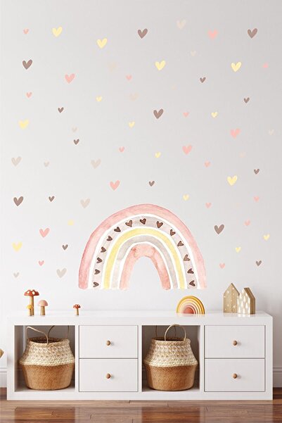 Sticker Ekspres Suluboya Gökkuşağı Ve Kalpler Çocuk Odası Duvar Sticker Seti