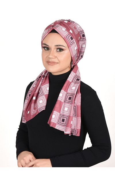 OykumBone Dark Pink Square Patterned Plseli Lycra Ready Shawl-scarf