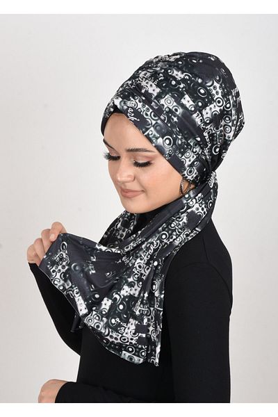 OykumBone Șal-eșarfă-bonetă din țesătură de nisip cu model alb-negru