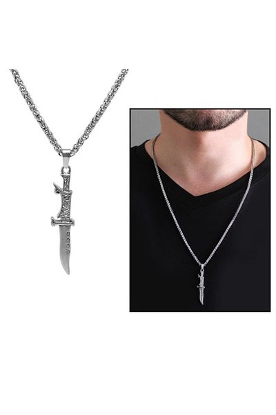 Tesbihane Wedge Design Silver Color Steel Men's Necklace