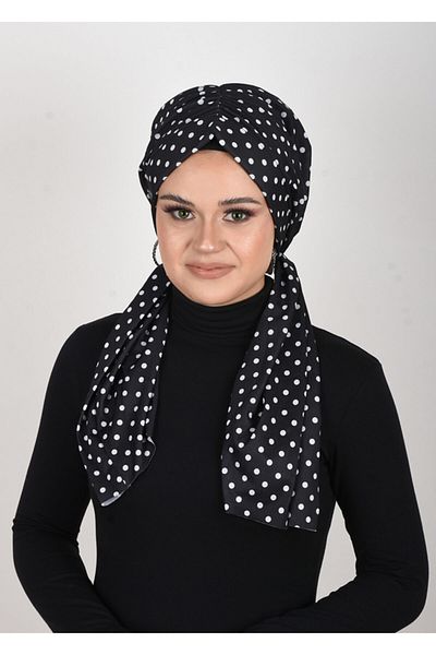 OykumBone Black and White Polka Dot Patterned Sandy Fabric Lycra Ready Shawl-scarf-bone