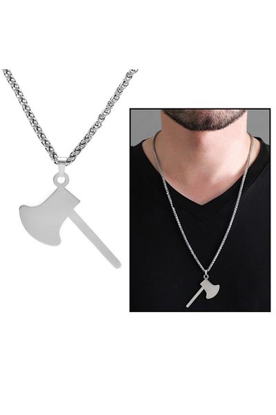 Tesbihane Axe Design Silver Color Steel Men's Necklace