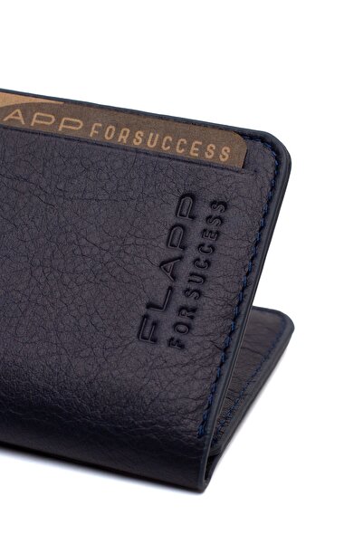 Flapp Hakiki Deri Lacivert Rfıd Engelleyici Korumalı Mini Cüzdan Kartlık