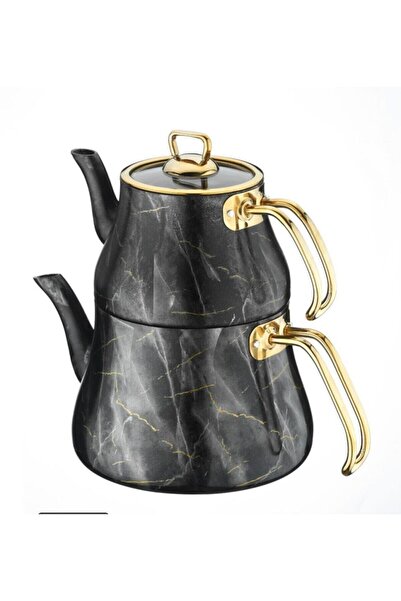Brioni Marble Yanmaz Yapışmaz Siyah Mermer Granit Çaydanlık Takımı