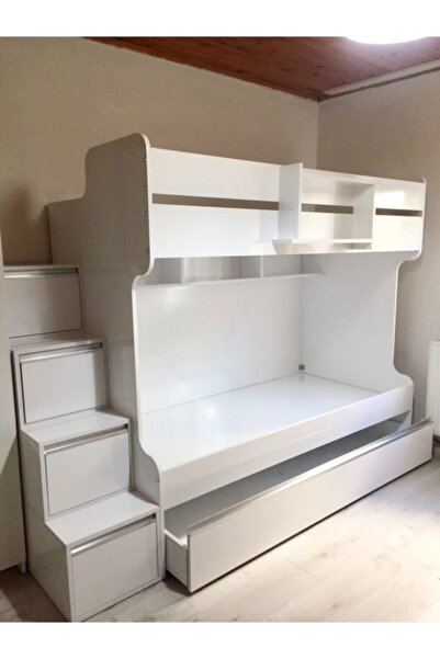 Duranlar Ahşap Mobilya Beyaz Yavru Yataklı Ranza