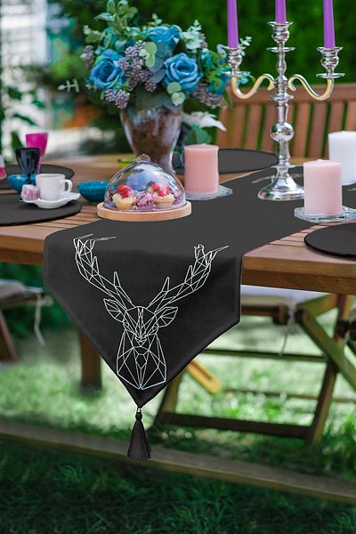 Realhomes Modern Tufted Chenille Triangle Runner with Black Background and Geometric Deer Drawing