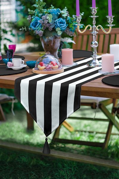 Realhomes Triangle Runner - Black and White Stripes and Tassels