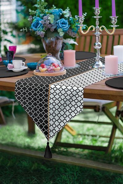 Realhomes Black & White Ogea Patterned Digital Printed Decorative Tasseled Chenille Triangle Runner