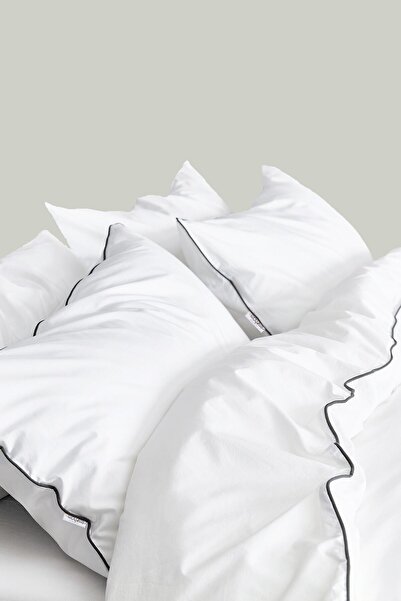 RİTMOHOME Off White Basic Plain Cotton Black Piping Hotel Series Double Duvet Cover Set