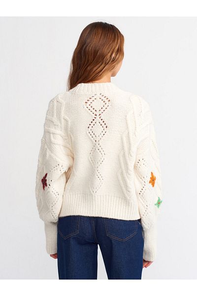 Dilvin 1277 Women's V-Neck Elish Floral Cardigan Ecru