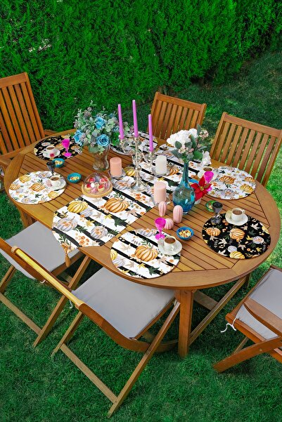 Realhomes 6+1'li Siyah Beyaz Zemin Kabak Desenli Supla Runner Seti