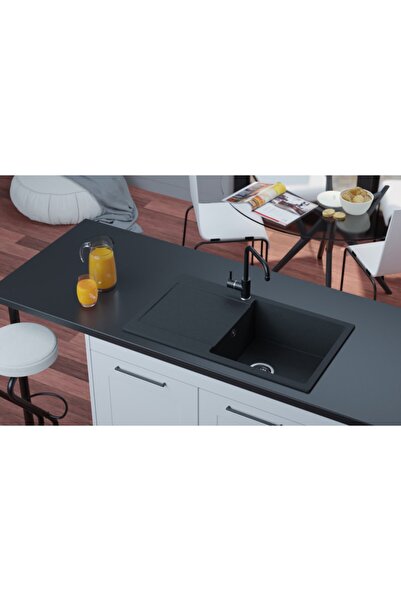 Vıvıano Viviano 1 Göz 50x86cm Metalik Siyah Granit Evye + Sifon Bağlantı Hort...