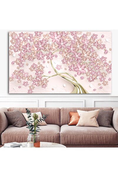 Sebenta Extra Dev Boyut Dekoratif Pembe Çiçekli Altın Ağaç Kanvas Tablo (100cm X 150cm)