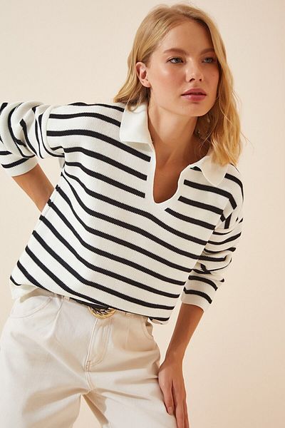 Leya Hill Women's Polo Neck Striped Knitwear Sweater