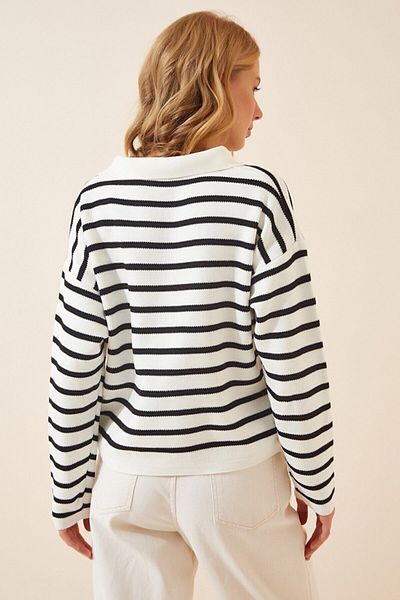 Leya Hill Women's Polo Neck Striped Knitwear Sweater