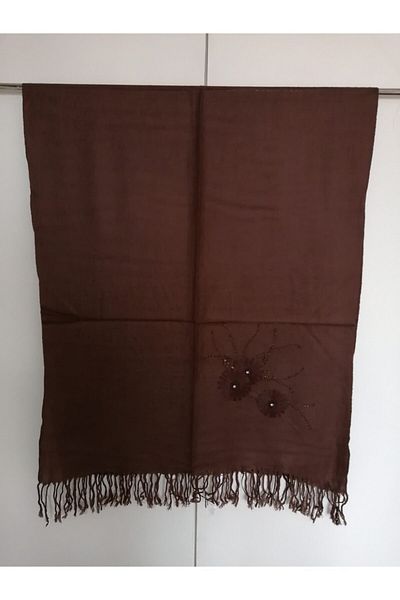 Butik Tülin Women's Authentic Viscous Brown Handcrafted Embroidered Tassel Shawl