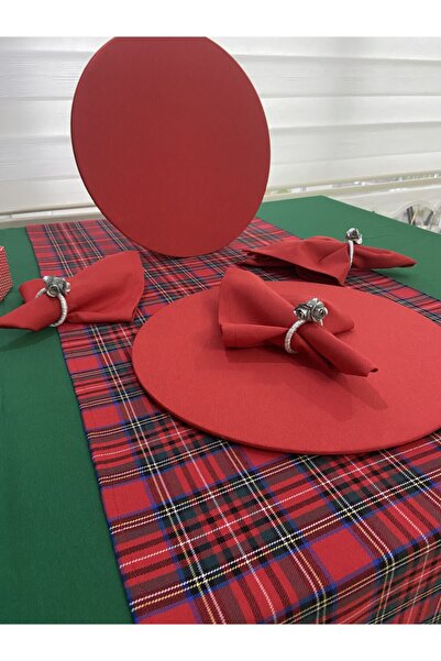 Zeren Home Темно-зелена скатертина, новорічний бігунок, 4 червоні підставки, ...
