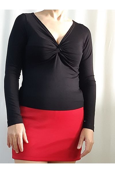 Mertcan Butik Long Sleeve Black T-Shirt with Twisted Front