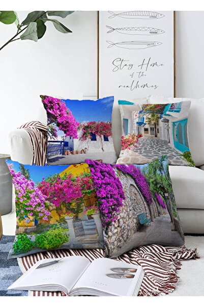 Realhomes Renkli Sokak 4'lü Çift Taraflı Raşel Örme Yastık Kırlent Kılıf Seti