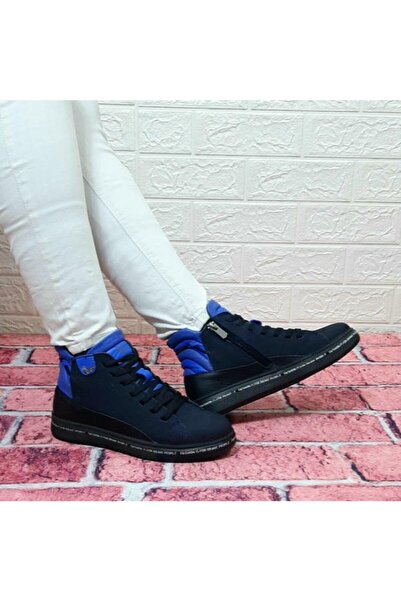 Voyager 8498 Lacivert Nubuk Hakiki Deri Kaymaz Taban Fermuarlı Bağcıklı Bot