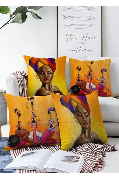 Realhomes Double Sided African Lady Motif 4-Piece Modern Raschel Knitted Pillow Kılent Case Set