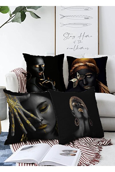 Realhomes مجموعة سيدة أفريقية تحت عنوان 4 قطع من وسائد الزينة ذات الخلفية الس...