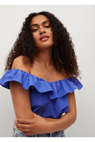 MANGO Woman Top de damă albastru din bumbac cu volane