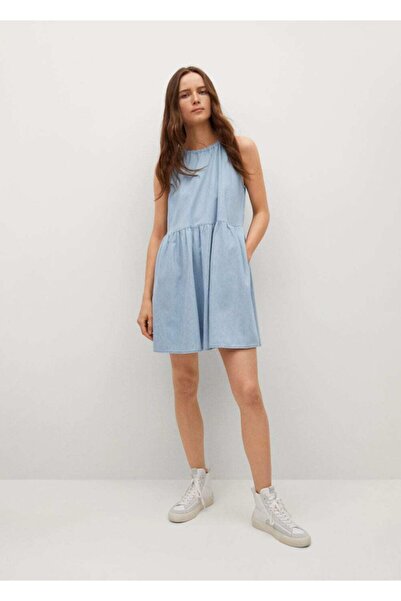 MANGO Woman Γυναικείο φόρεμα από βαμβακερό μπλε βολάν