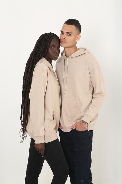 HUMEN Unisex Women Men Beige Long Sleeve Hoodie Beige Fleece Sweatshirt with Kangaroo Pocket