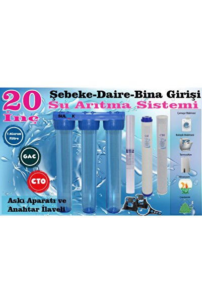 SULOOK 20 Inç Bina - Daire- Şebeke Girişi Su Arıtma Filtre Seti Gac-cto 1 Mic...