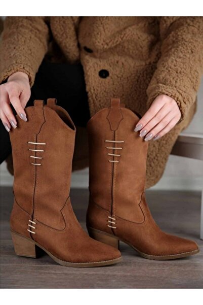 WHİTE LİNE Süet Taba Sivri Burun Kadın Kovboy Bot