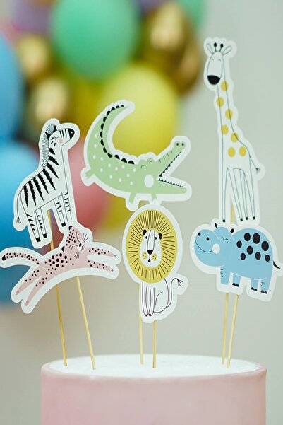 Trend Hediye Sepeti Safari Temalı Sevimli Hayvan Figürlü 6'lı Pasta Süsü Kek ...