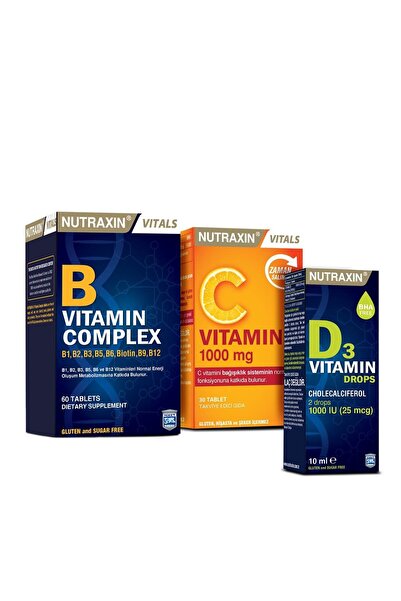 Nutraxin Vitamin Destek Kürü B Complex 60 Tablet + C Vitamini 1000 Mg 30 Tablet + D3 Drops Damla