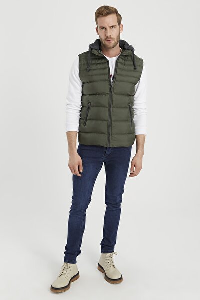 DYNAMO Erkek Haki Büyük Beden Çıkarılabilir Kapüşonlu Şişme Yelek