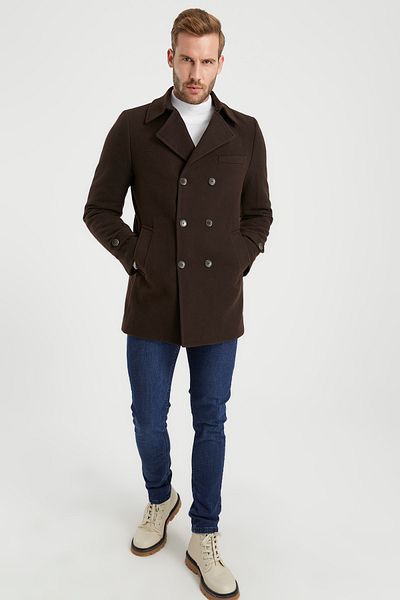 DYNAMO Men's Brown Double Breasted Collar Wool Blended Stamp Coat