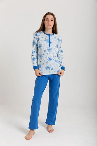 Nur Aka by Nurteks Blue Collar Placket Floral Winter Plus Size Pajama Set