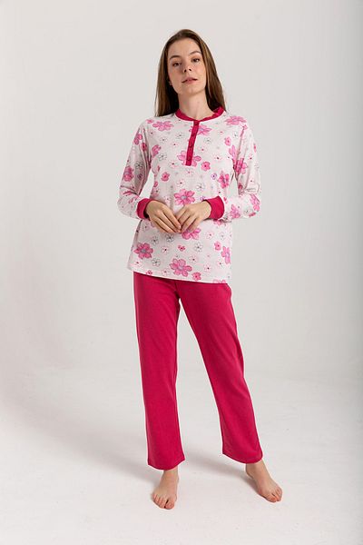 Nur Aka by Nurteks Pink Collar Placket Floral Winter Plus Size Pajama Set