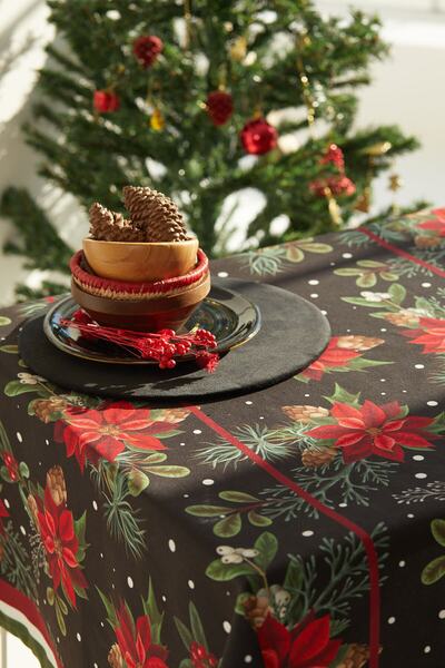 AYSHOME Kozalak Çiçekli Lacivert Yılbaşı Masa Örtüsü