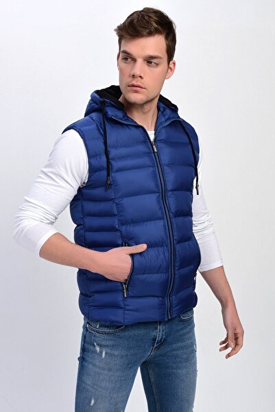 DYNAMO Erkek İndigo Büyük Beden Çıkarılabilir Kapüşonlu Şişme Yelek